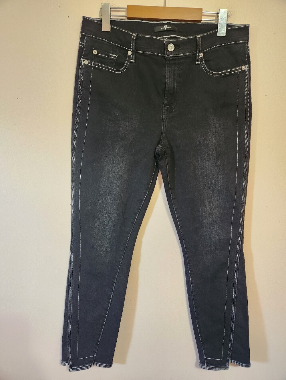 7 For All Mankind Black Contrast Stitch Step Hem Ankle Skinny Jeans Size 31